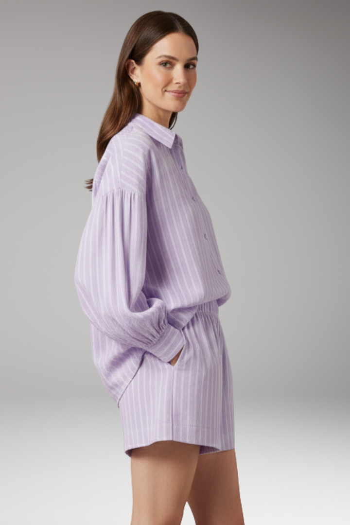 Women’s Two-Piece Set with Striped Button-Up Shirt