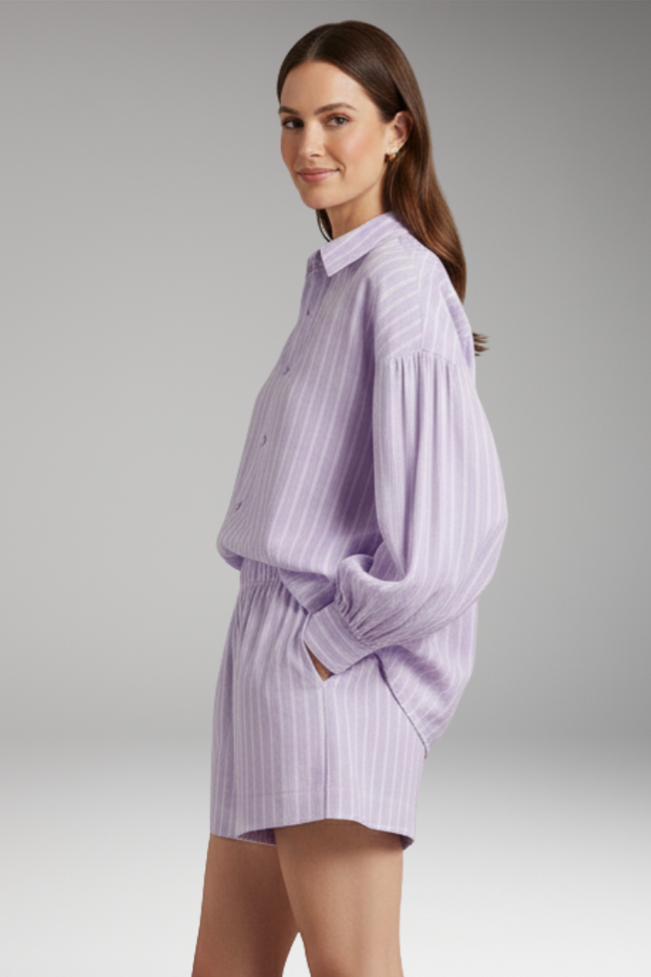 Women’s Two-Piece Set with Striped Button-Up Shirt