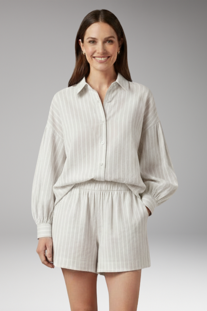 Women’s Two-Piece Set with Striped Button-Up Shirt