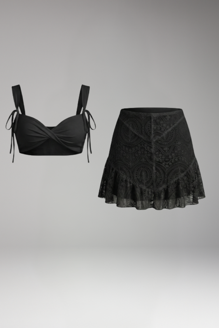 Women’s Two-Piece Set with Tied Straps and Floral Lace Skirt