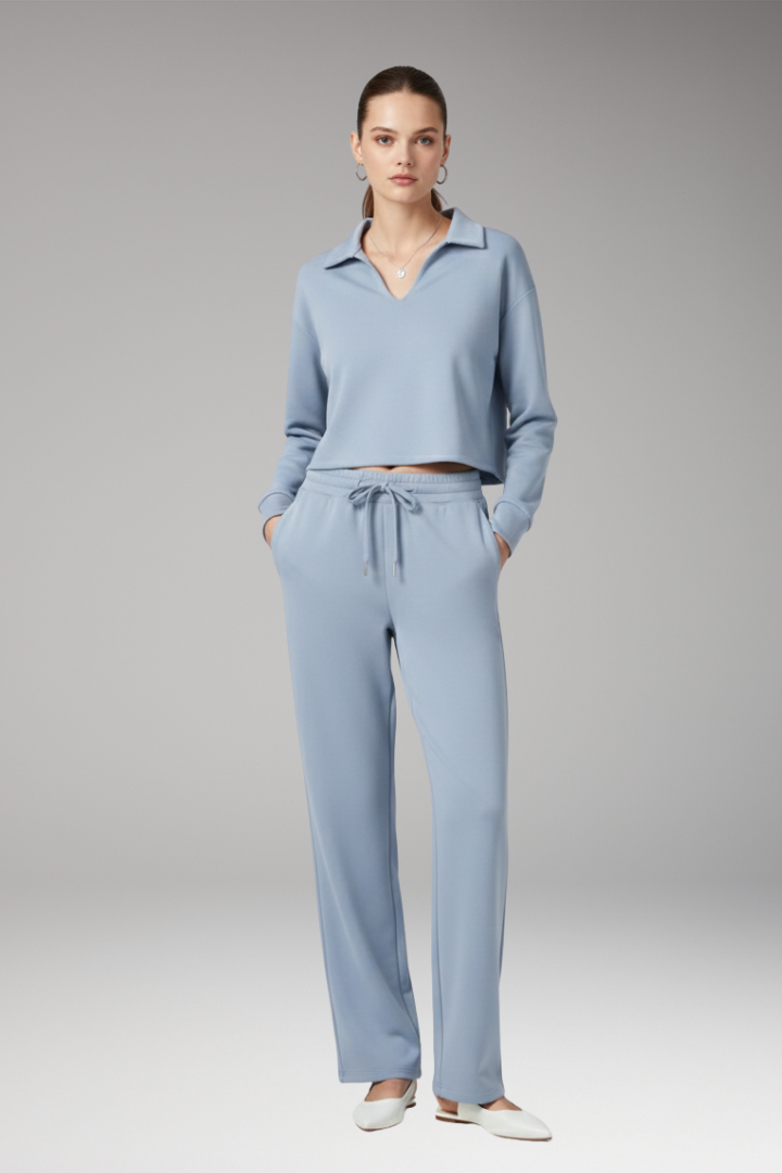 Women’s Two-Piece Set with V-Neck Top and Straight-Leg Trousers