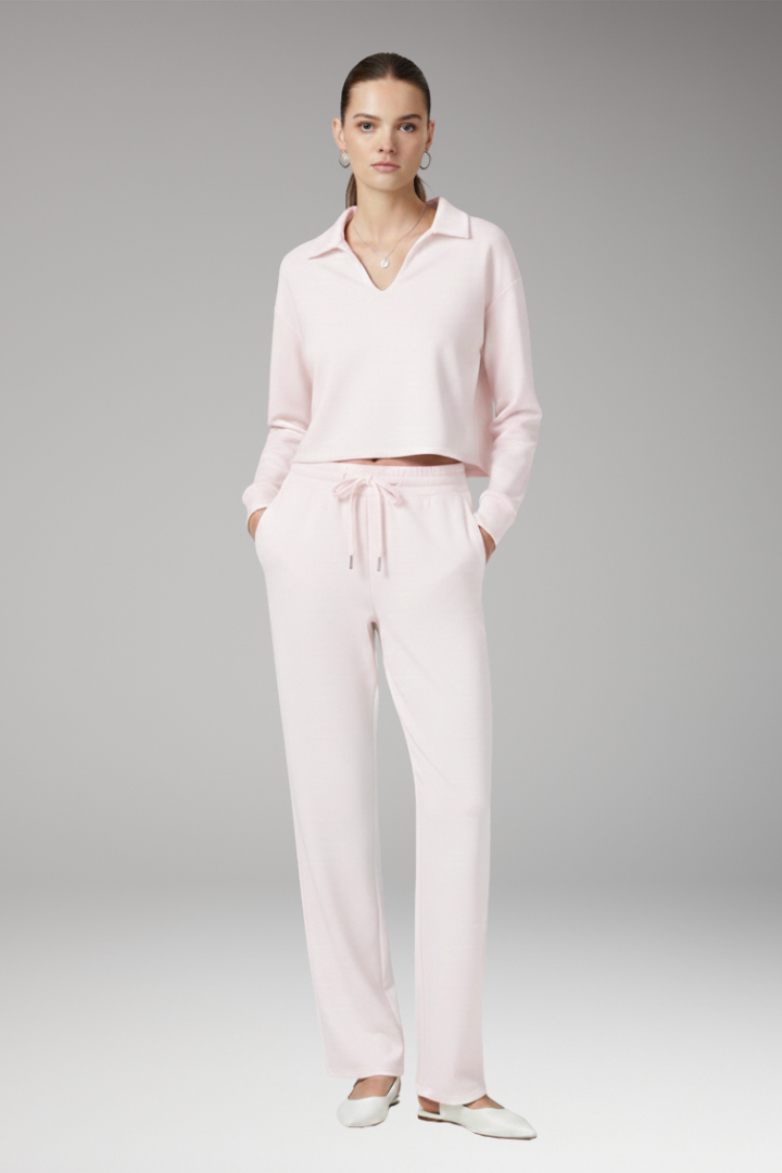 Women’s Two-Piece Set with V-Neck Top and Straight-Leg Trousers