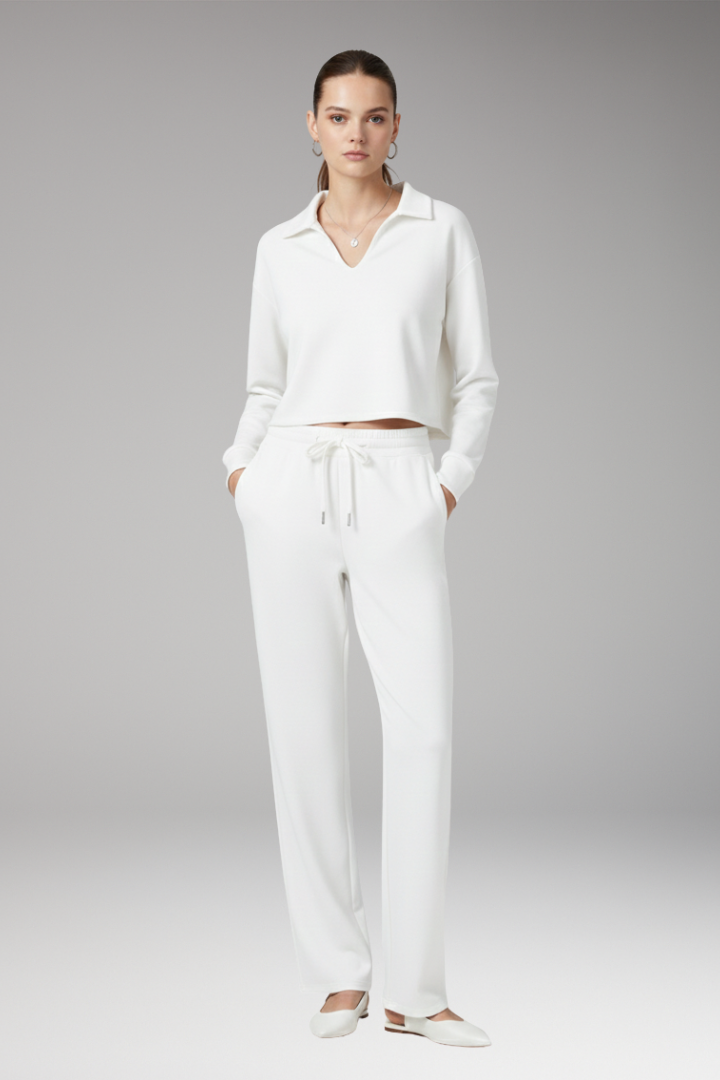 Women’s Two-Piece Set with V-Neck Top and Straight-Leg Trousers