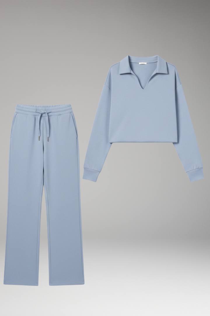 Women’s Two-Piece Set with V-Neck Top and Straight-Leg Trousers