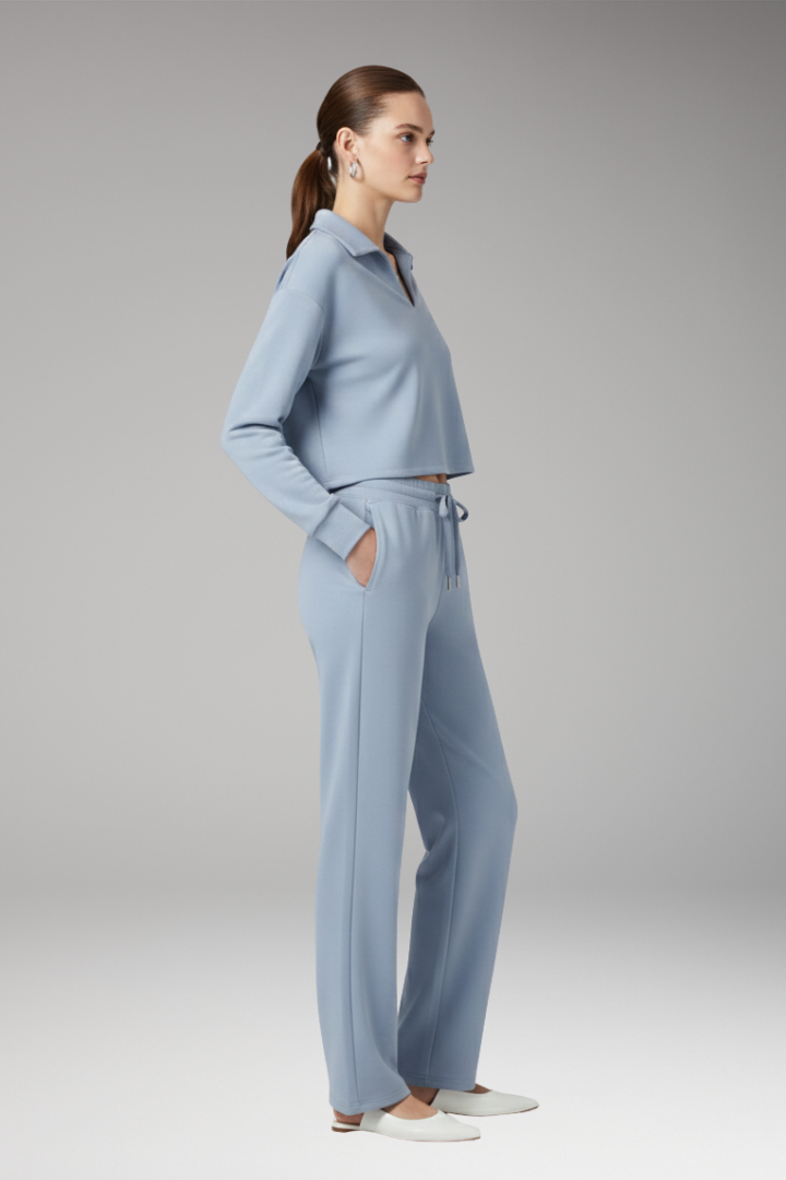 Women’s Two-Piece Set with V-Neck Top and Straight-Leg Trousers