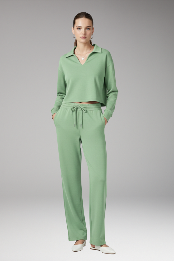 Women’s Two-Piece Set with V-Neck Top and Straight-Leg Trousers