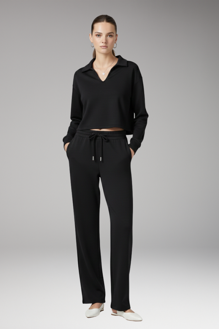 Women’s Two-Piece Set with V-Neck Top and Straight-Leg Trousers
