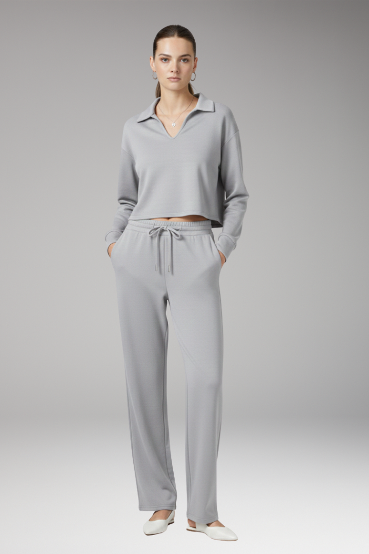 Women’s Two-Piece Set with V-Neck Top and Straight-Leg Trousers