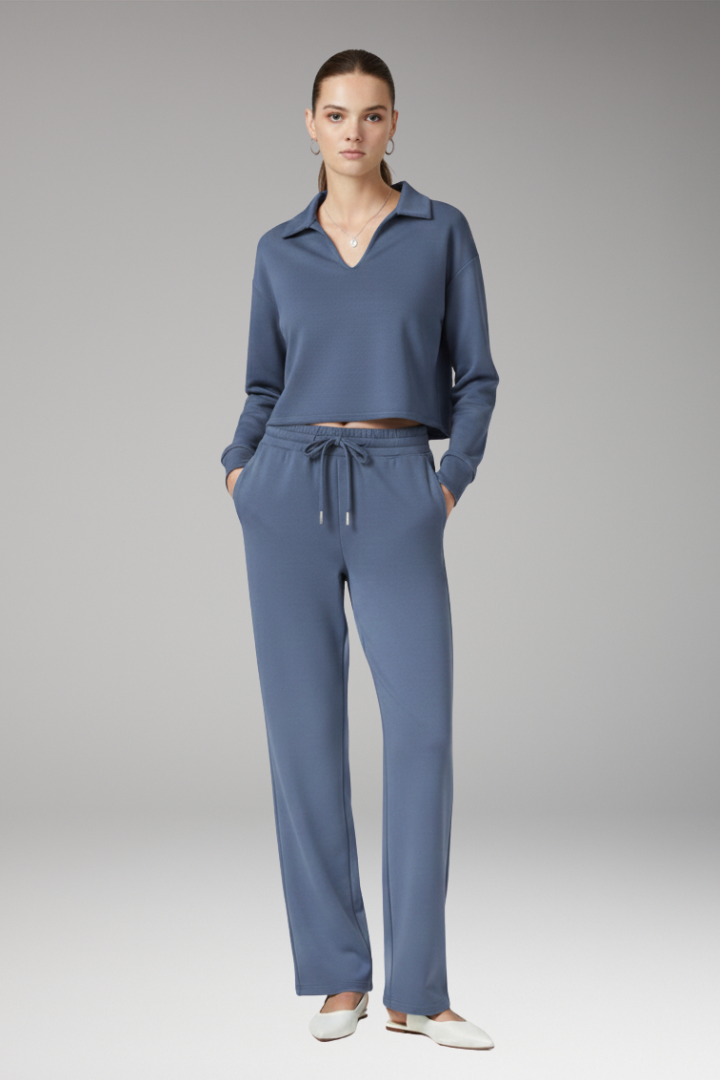 Women’s Two-Piece Set with V-Neck Top and Straight-Leg Trousers