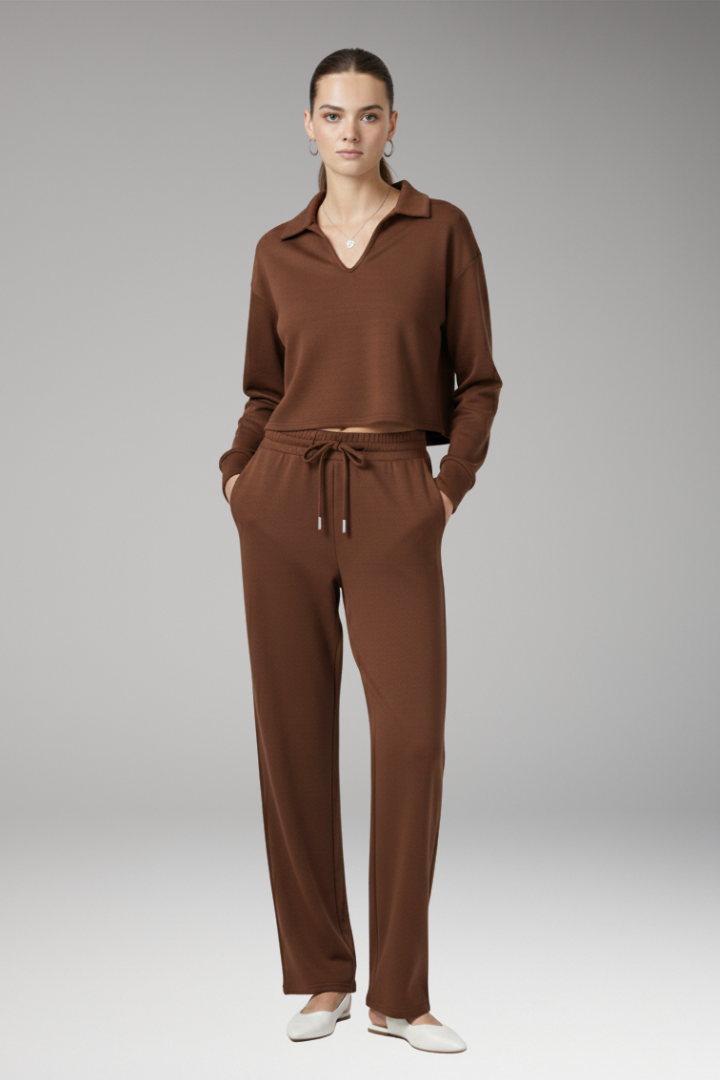 Women’s Two-Piece Set with V-Neck Top and Straight-Leg Trousers