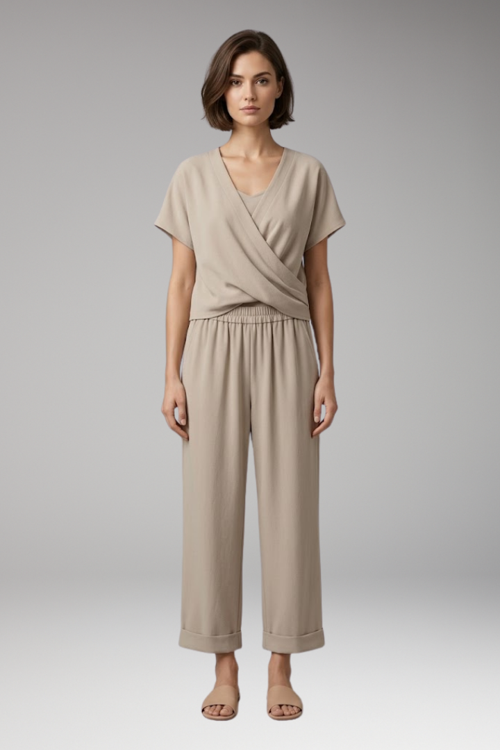 Women’s Two-Piece Set with V-Neck and Elastic Waist