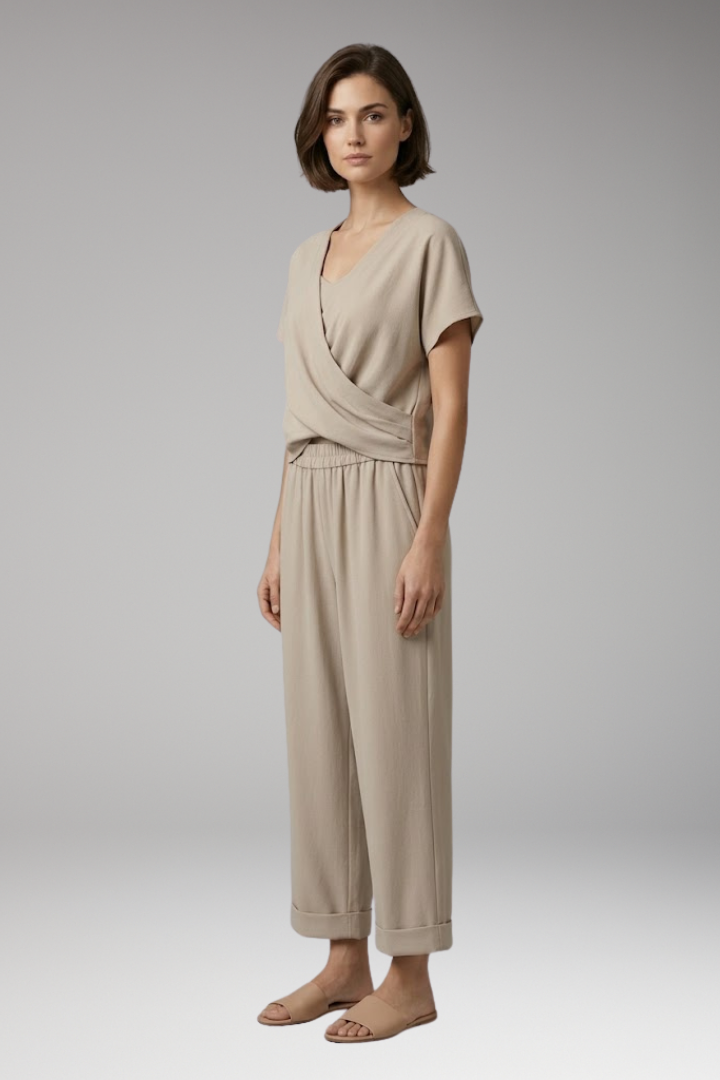 Women’s Two-Piece Set with V-Neck and Elastic Waist