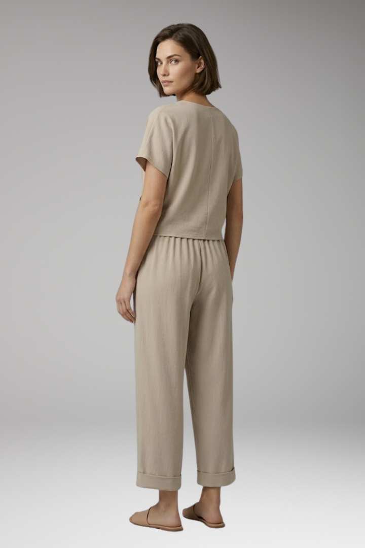 Women’s Two-Piece Set with V-Neck and Elastic Waist