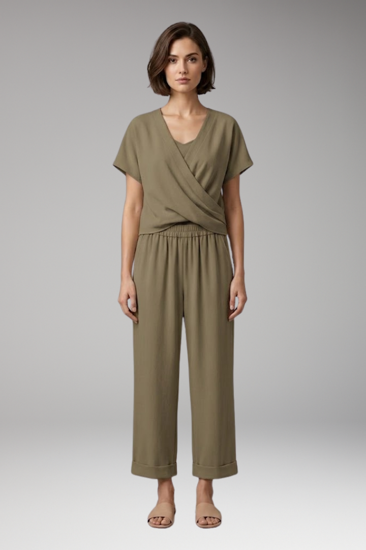 Women’s Two-Piece Set with V-Neck and Elastic Waist