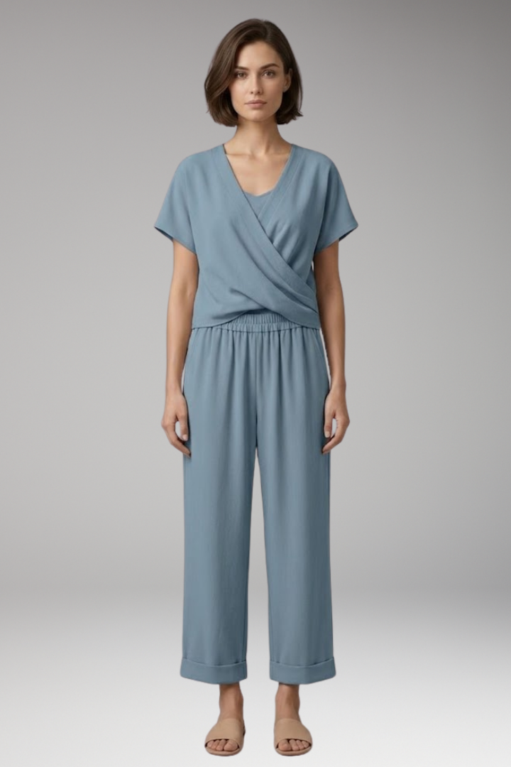 Women’s Two-Piece Set with V-Neck and Elastic Waist