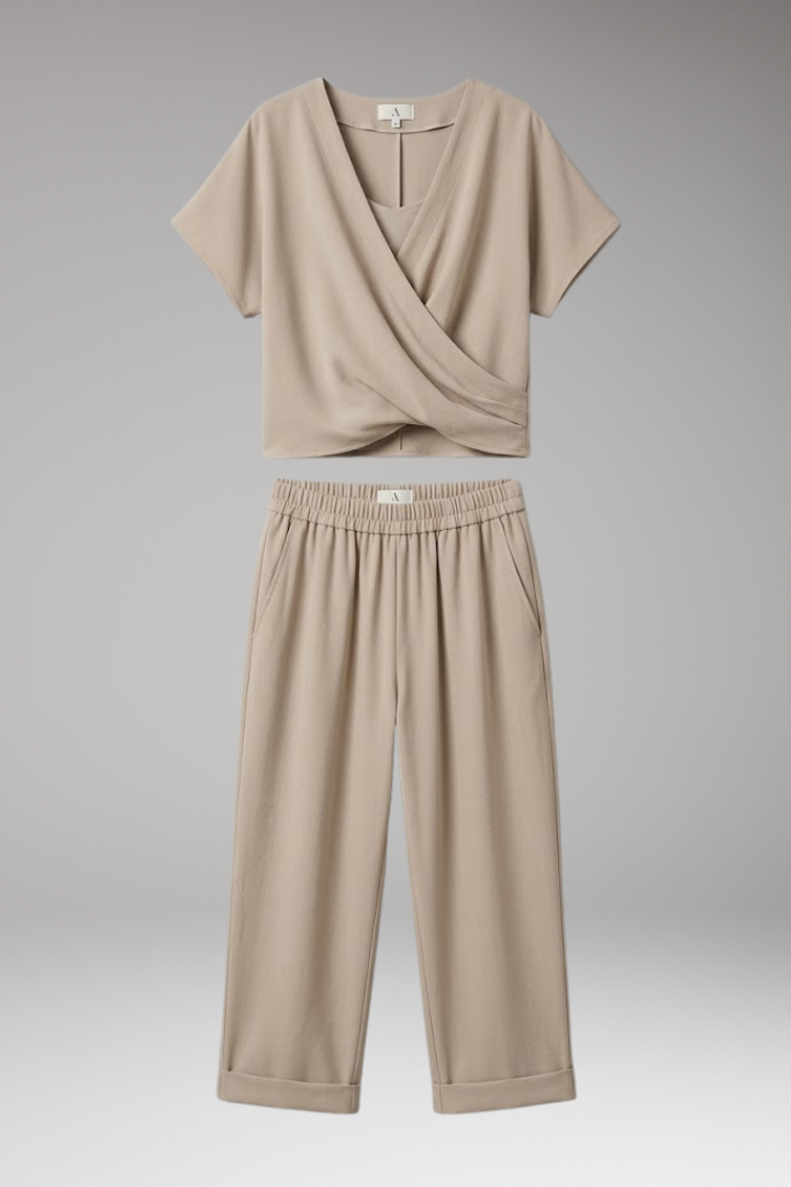 Women’s Two-Piece Set with V-Neck and Elastic Waist