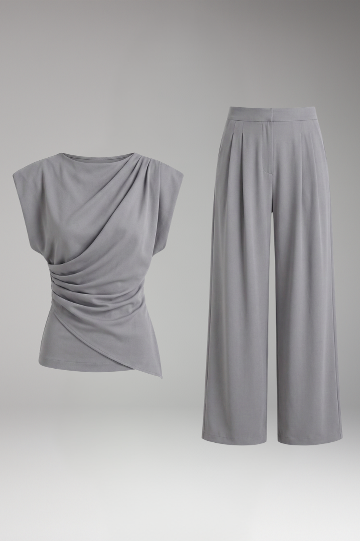 Women's Two-Piece Suit with Draped Top and Wide-Leg Trousers