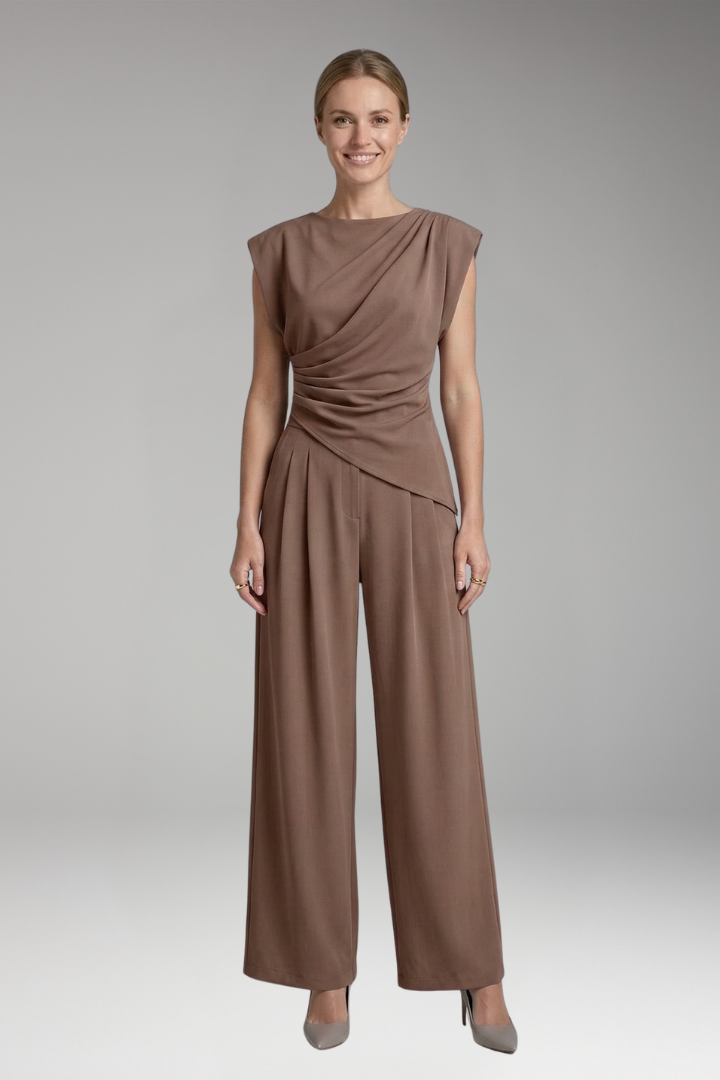 Women's Two-Piece Suit with Draped Top and Wide-Leg Trousers