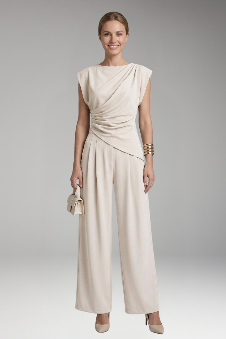 Women's Two-Piece Suit with Draped Top and Wide-Leg Trousers