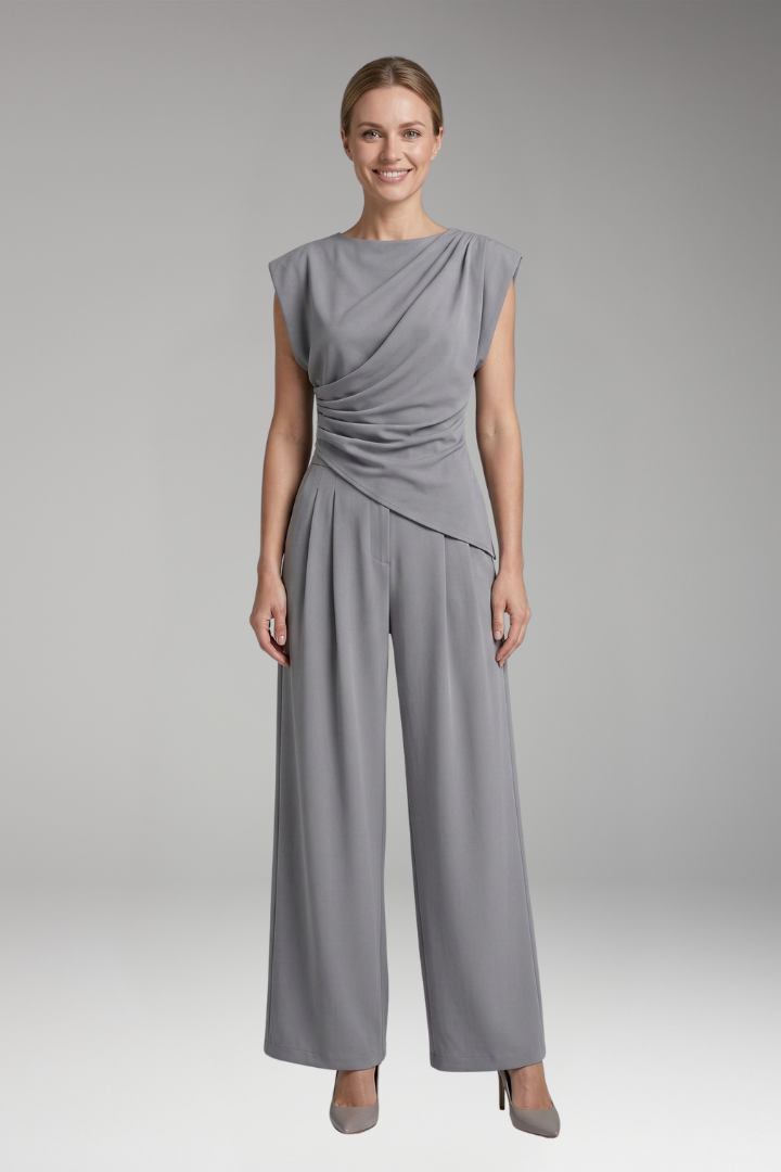 Women's Two-Piece Suit with Draped Top and Wide-Leg Trousers