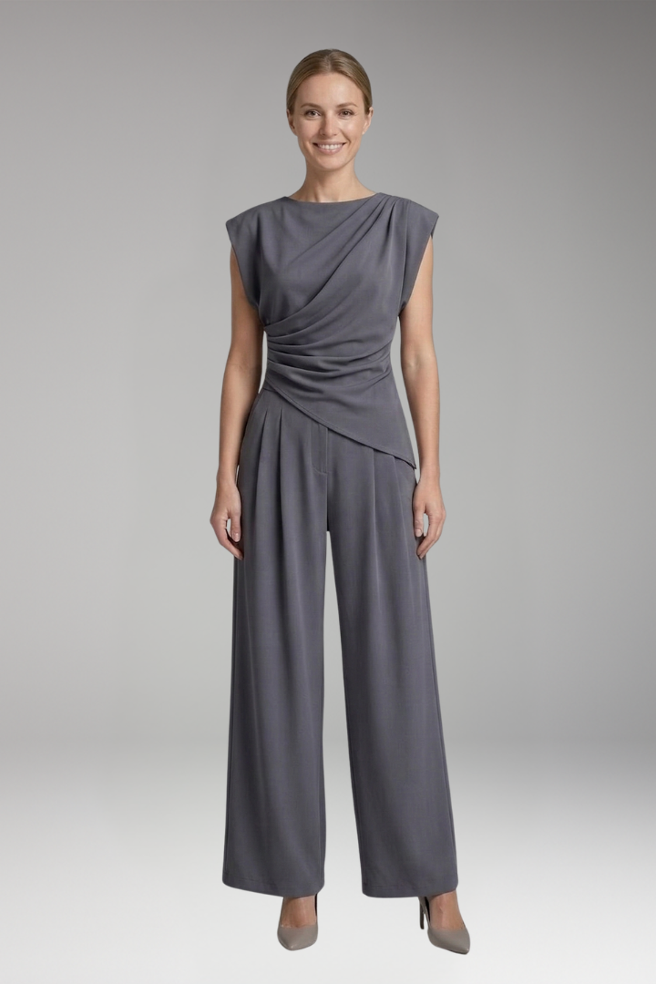 Women's Two-Piece Suit with Draped Top and Wide-Leg Trousers