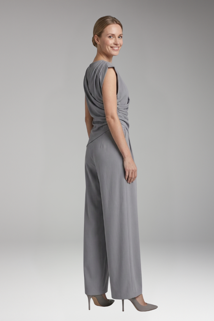Women's Two-Piece Suit with Draped Top and Wide-Leg Trousers