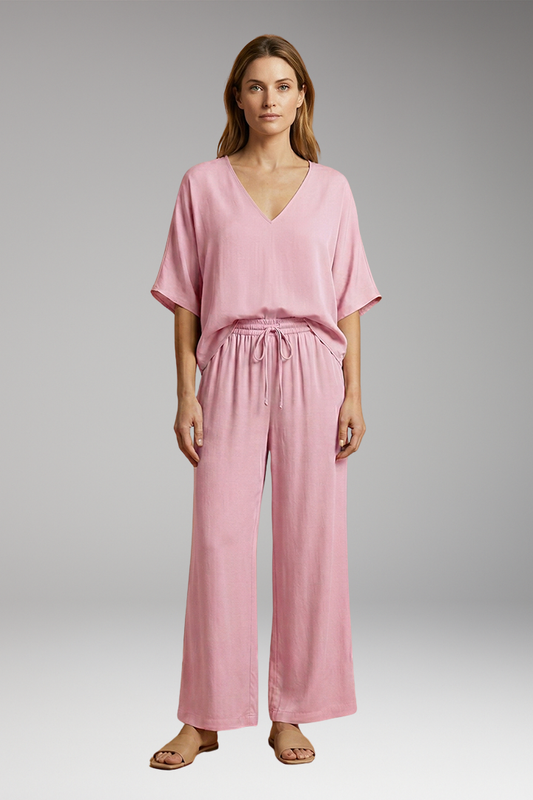 Women's Two-Piece Trouser Set with V-Neckline and Batwing Sleeves
