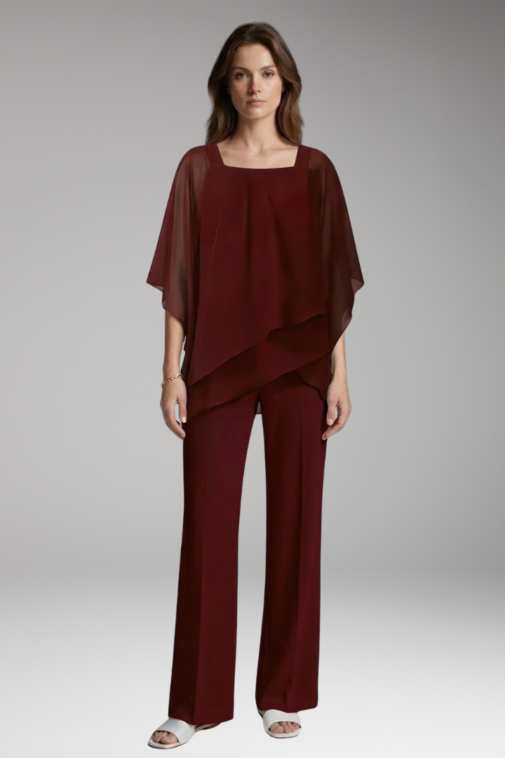 Women’s Two Piece Outfit with Asymmetrical Top and Wide Leg Trousers