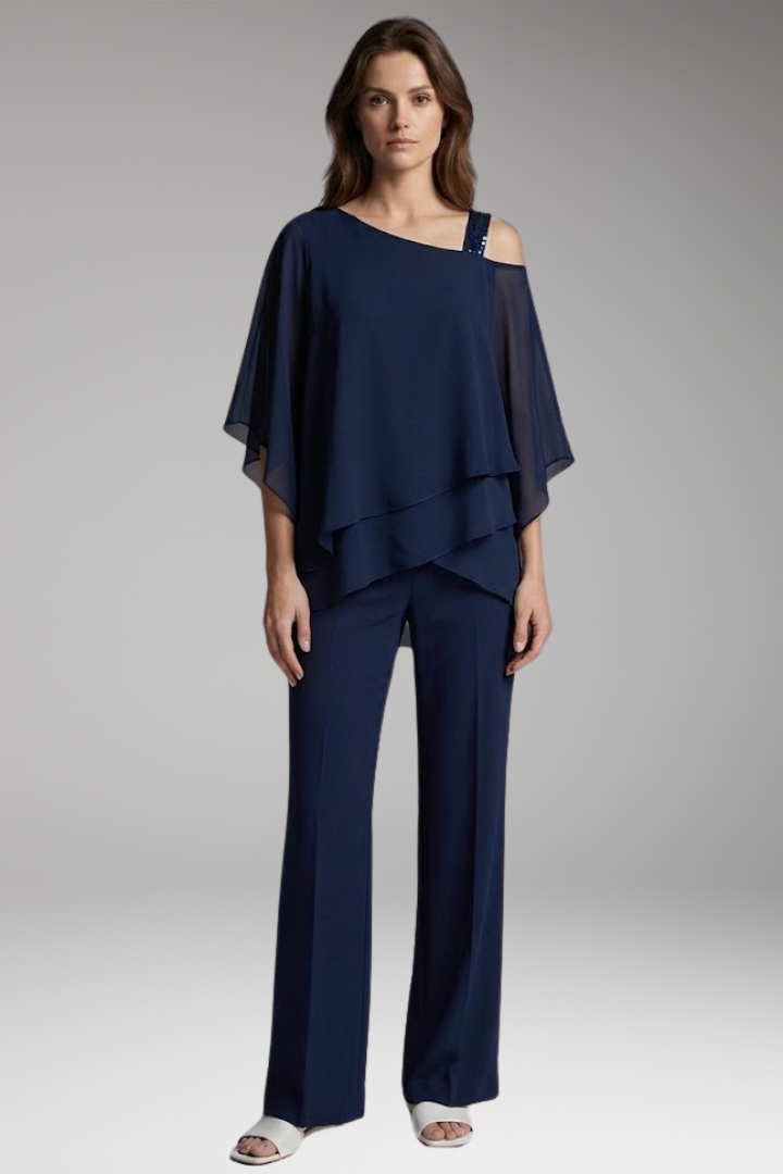 Women’s Two Piece Outfit with Asymmetrical Top and Wide Leg Trousers
