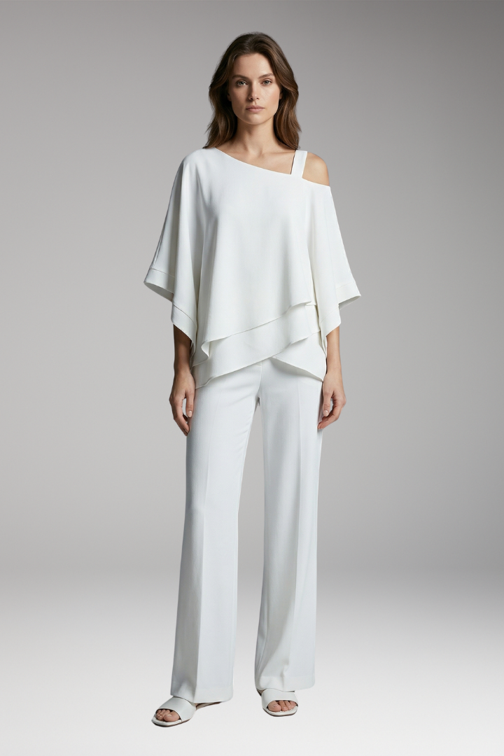 Women’s Two Piece Outfit with Asymmetrical Top and Wide Leg Trousers