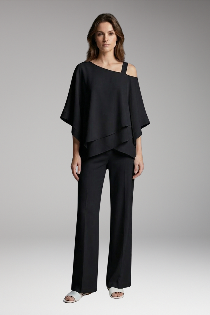 Women’s Two Piece Outfit with Asymmetrical Top and Wide Leg Trousers