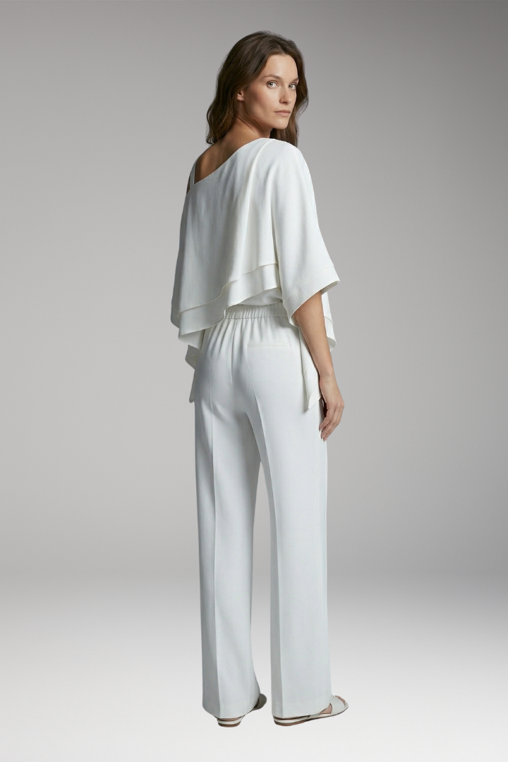 Women’s Two Piece Outfit with Asymmetrical Top and Wide Leg Trousers