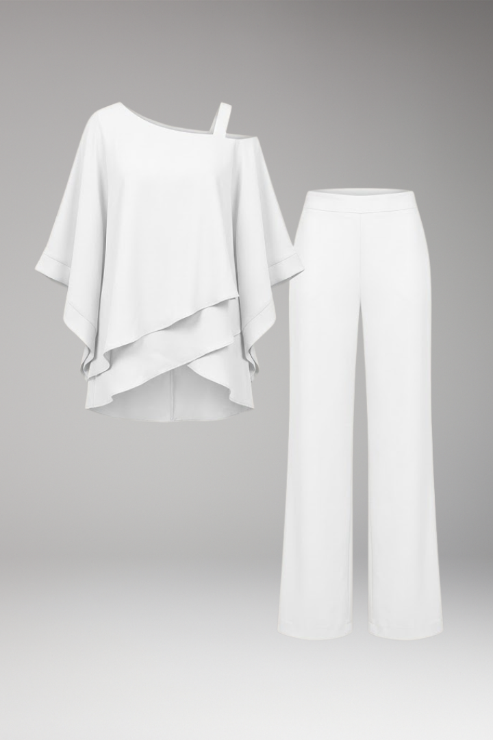 Women’s Two Piece Outfit with Asymmetrical Top and Wide Leg Trousers