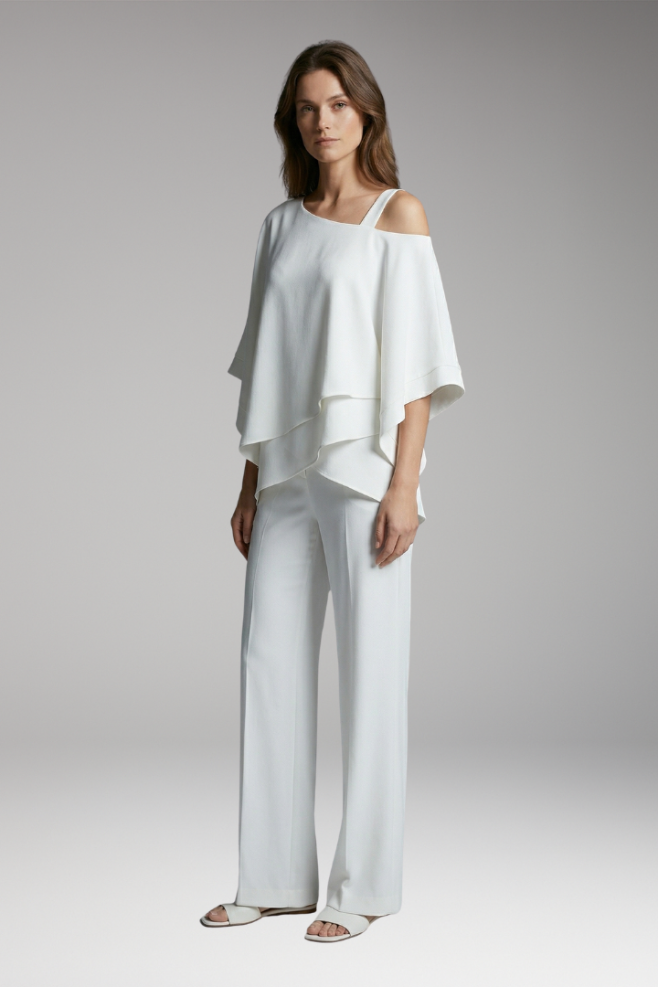 Women’s Two Piece Outfit with Asymmetrical Top and Wide Leg Trousers