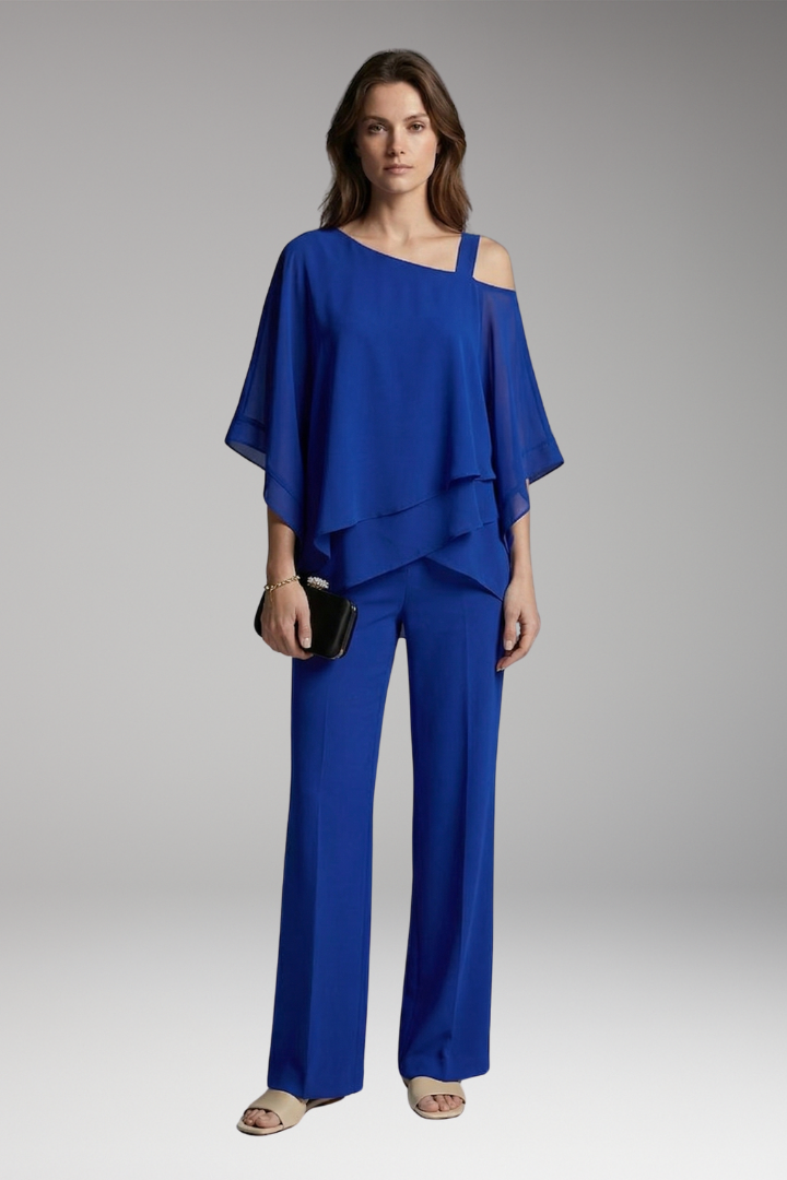 Women’s Two Piece Outfit with Asymmetrical Top and Wide Leg Trousers