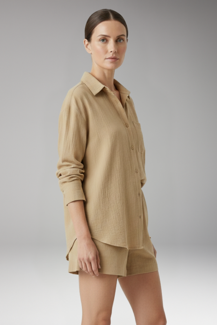 Women's Two Piece Set with Button Front Shirt and Shorts