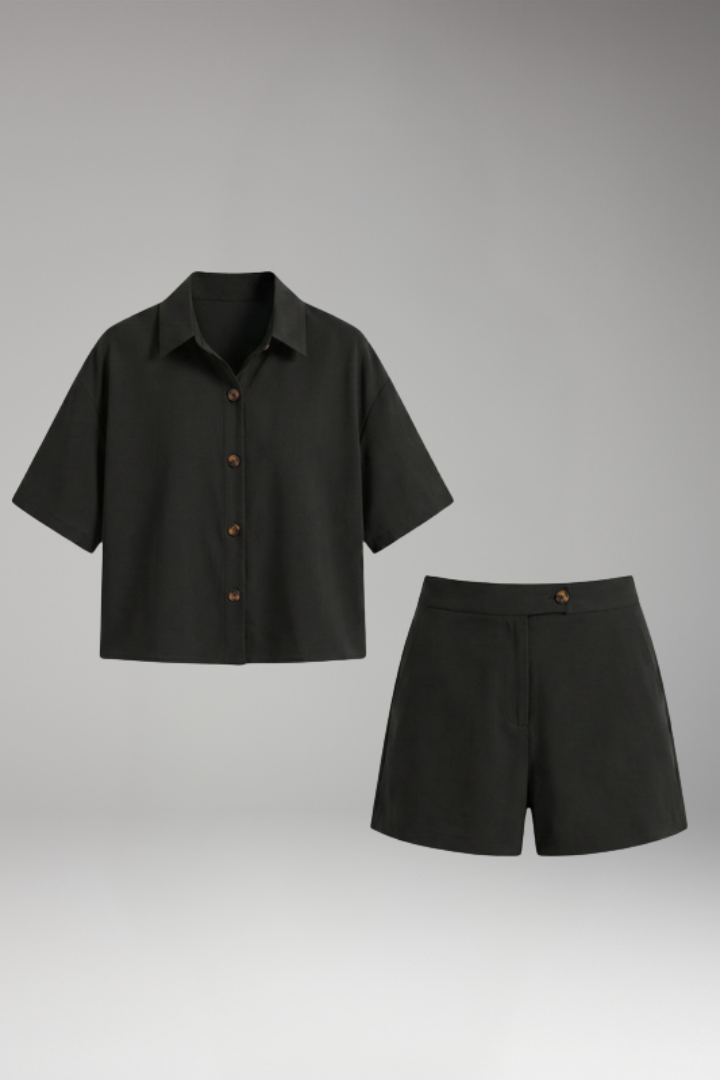 Women's Two Piece Set with Button Shirt and High-Waisted Shorts
