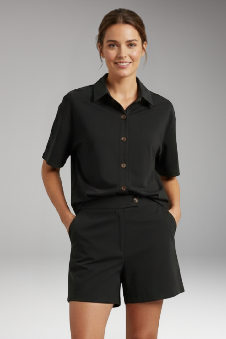 Women's Two Piece Set with Button Shirt and High-Waisted Shorts