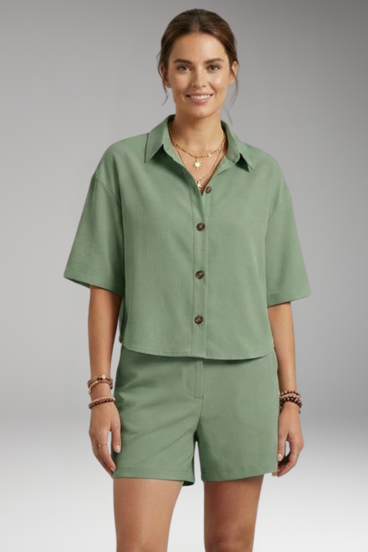 Women's Two Piece Set with Button Shirt and High-Waisted Shorts