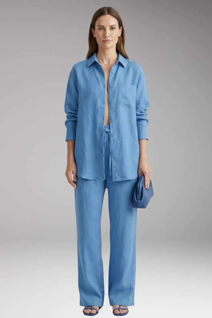 Women's Two Piece Set with Button Shirt and Wide Leg Trousers