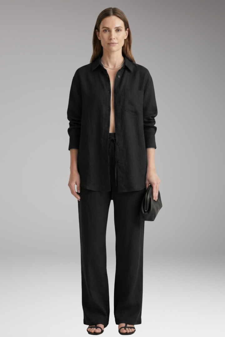 Women's Two Piece Set with Button Shirt and Wide Leg Trousers