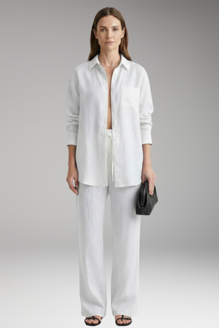 Women's Two Piece Set with Button Shirt and Wide Leg Trousers