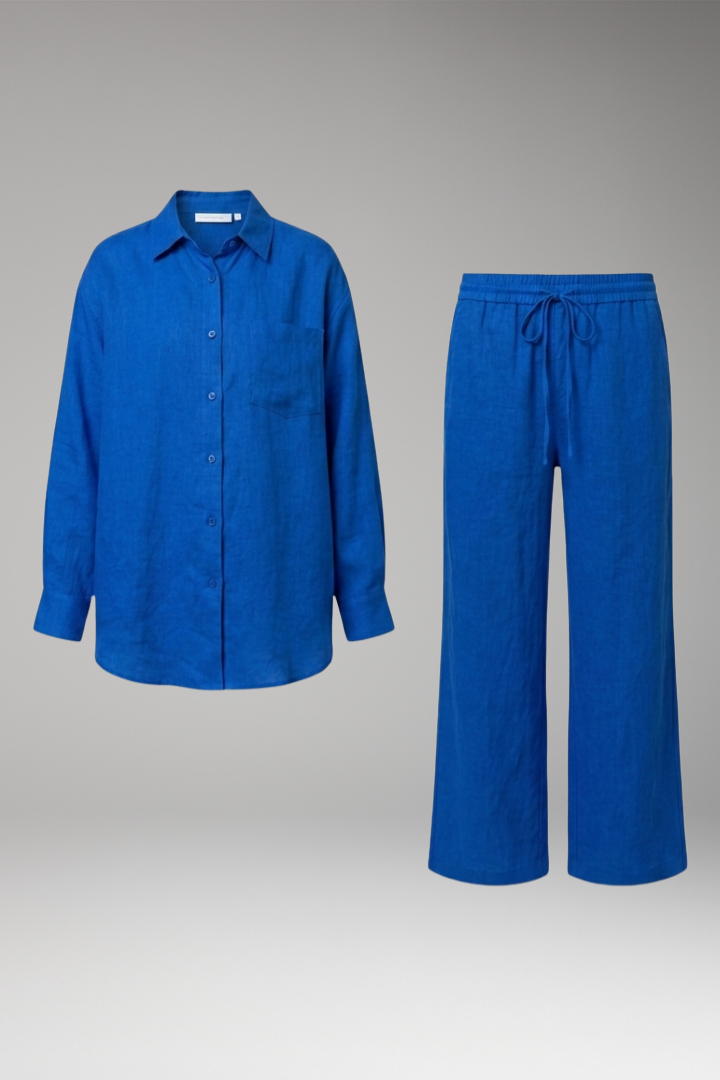 Women's Two Piece Set with Button Shirt and Wide Leg Trousers