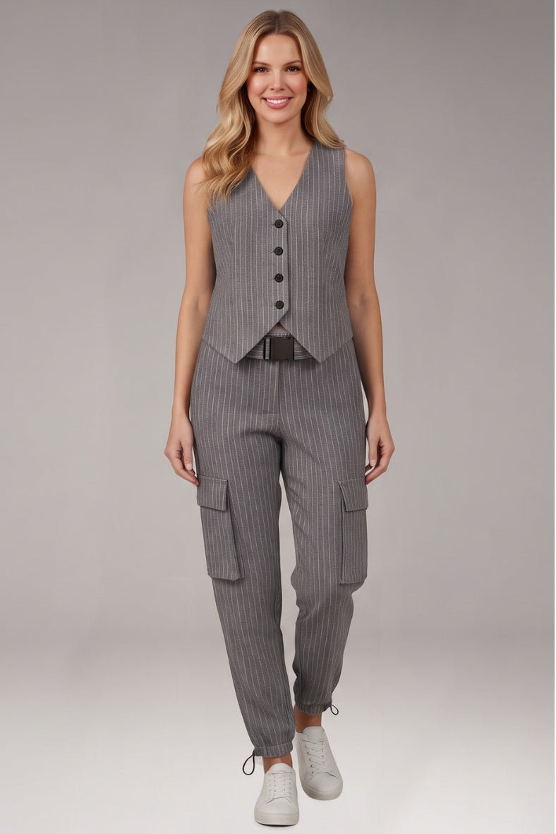 Women's Two Piece Set with Button Vest and Cargo Pants