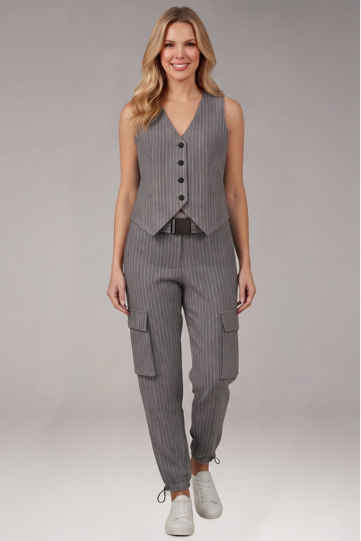 Women's Two Piece Set with Button Vest and Cargo Pants
