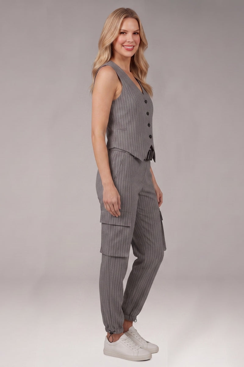 Women's Two Piece Set with Button Vest and Cargo Pants