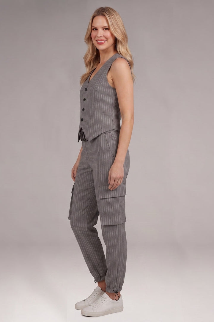Women's Two Piece Set with Button Vest and Cargo Pants