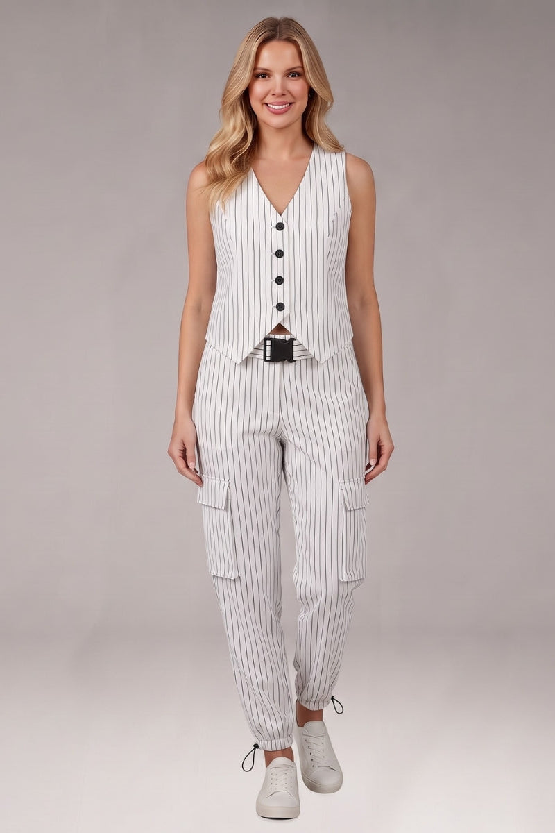 Women's Two Piece Set with Button Vest and Cargo Pants