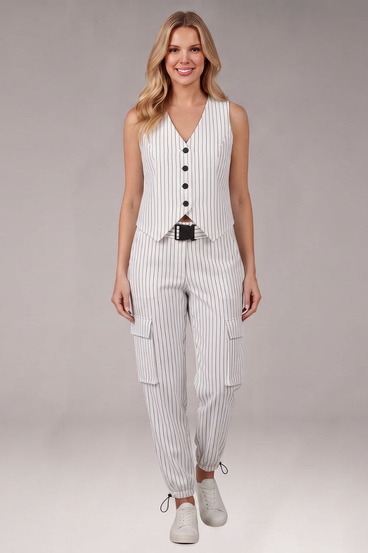 Women's Two Piece Set with Button Vest and Cargo Pants