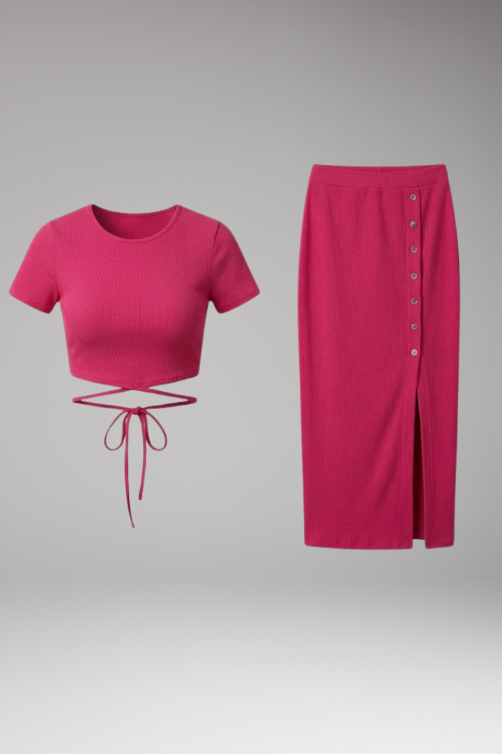 Women's Two Piece Set with Crop Top and Buttoned Skirt
